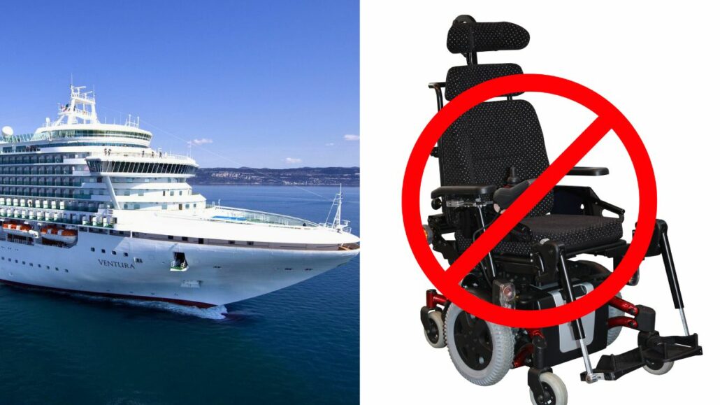 A large white cruise ship is seen on the left, while a man in a wheelchair with a red prohibition symbol is displayed on the right, suggesting he might be left behind.