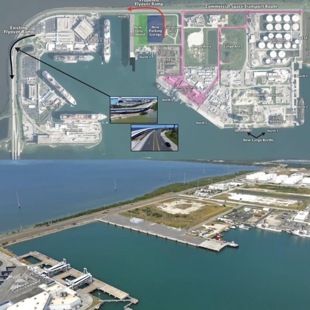 Aerial view of Port Canaveral's coastal industrial area with labeled infrastructure including roads, ramps, cruise terminals, and commercial zones, alongside annotated photos of specific features.
