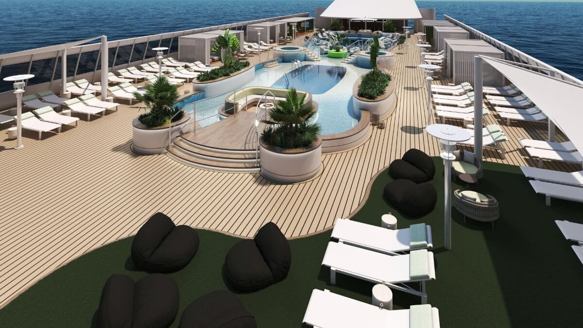 A cruise ship deck from Villa Vie Cruises features a central pool with lounge chairs, daybeds, and greenery surrounding it, offering passengers the perfect spot to retire at sea while overlooking the open ocean under a clear sky.