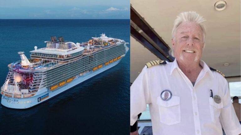 The image shows a split view. On the left is a large Royal Caribbean cruise ship sailing in the ocean under a blue sky. On the right is Captain James MacDonald, with white hair and a beard, wearing a white uniform with captain's insignia, standing on deck, guiding his cruise passengers to their adventure.