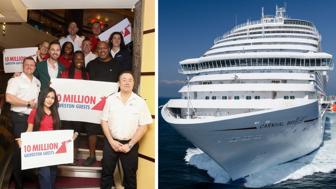 On the left, a group of people holds a banner reading "10 Million Galveston Guests" while posing indoors on a staircase. On the right, a close-up shot of the Carnival Cruise Line's large white ship, "Carnival Breeze," is seen sailing on the water.