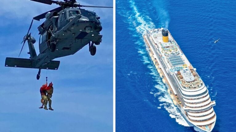 The image is split into two sections. On the left, a helicopter from the Air Force is seen hoisting individuals on a cable in a long-distance rescue. On the right, an aerial view shows a large Carnival ship sailing on the ocean.