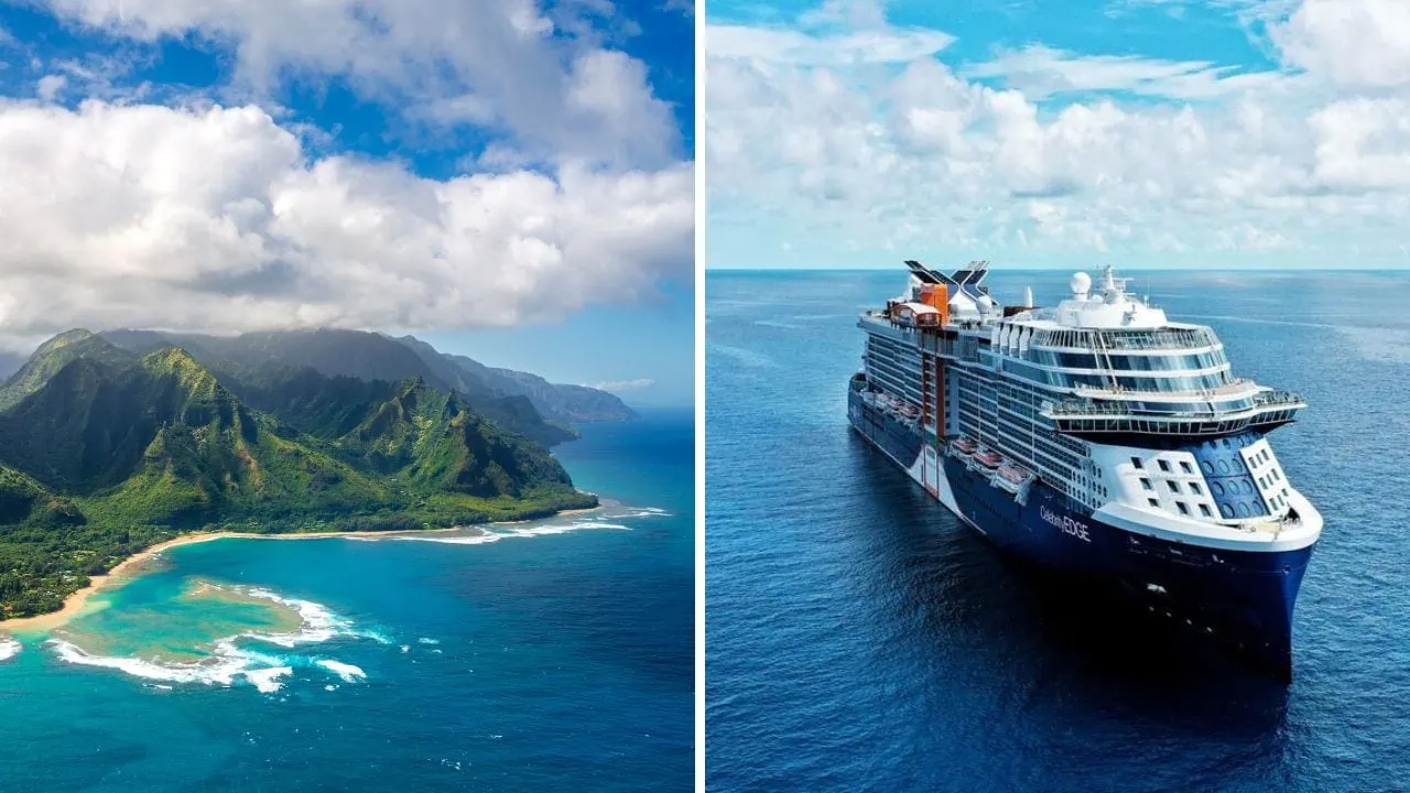 Split image of a tropical coastline and a cruise ship. The left side shows a lush, green island with mountains, beaches, and ocean waters under a partly cloudy sky. The right side features the cruise ship "EDGE" sailing near the shore in open water.
