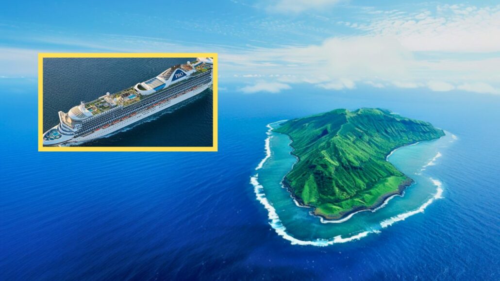 A P&O cruise ship sails in the ocean near a green, mountainous island surrounded by blue water. The image, which hints at a recent rescue of stranded Aussie youths, is framed in yellow.