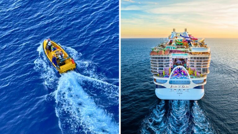 Split image showing a small yellow boat with people moving through deep blue ocean water on the left, and the world's largest cruise ship, "Icon of the Seas," sailing on the ocean during sunset on the right.