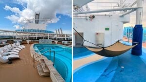 The image shows two areas on the Sun Princess cruise ship. The left side features a pool deck with lounge chairs and a view of the ship's upper structure against a cloudy sky. The right side displays a relaxation area with a large hammock and blue flooring, perfect for discovering hidden secrets on your trip.