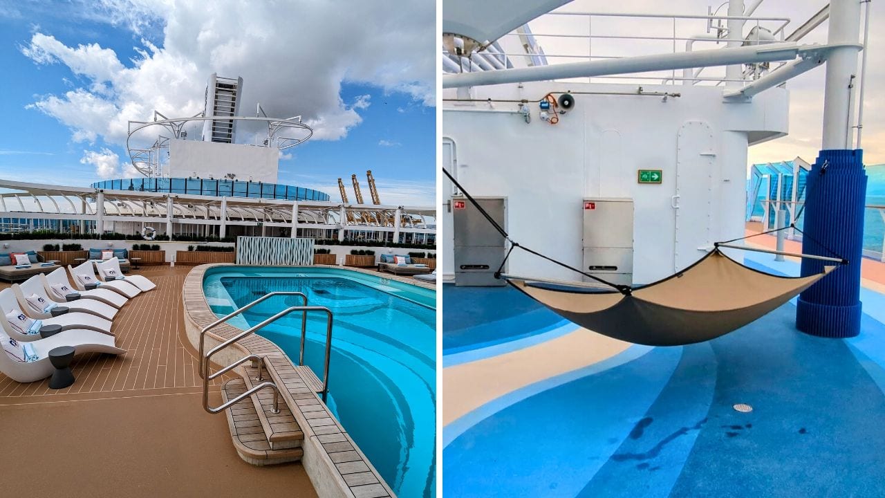The image shows two areas on the Sun Princess cruise ship. The left side features a pool deck with lounge chairs and a view of the ship's upper structure against a cloudy sky. The right side displays a relaxation area with a large hammock and blue flooring, perfect for discovering hidden secrets on your trip.