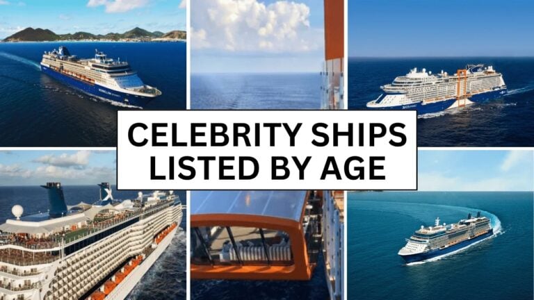Collage of cruise ships in various ocean settings. The center features the text "Celebrity Ships Listed by Age." Images showcase different angles and parts, including decks and sea, highlighting cruise ship sizes from smallest to largest.