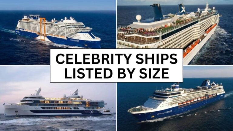 Four different cruise ships are shown in separate quadrants surrounding text that reads "Celebrity Ships Listed by Size." Each is sailing on open water under a clear sky, with the display elegantly transitioning from smallest to largest vessels.