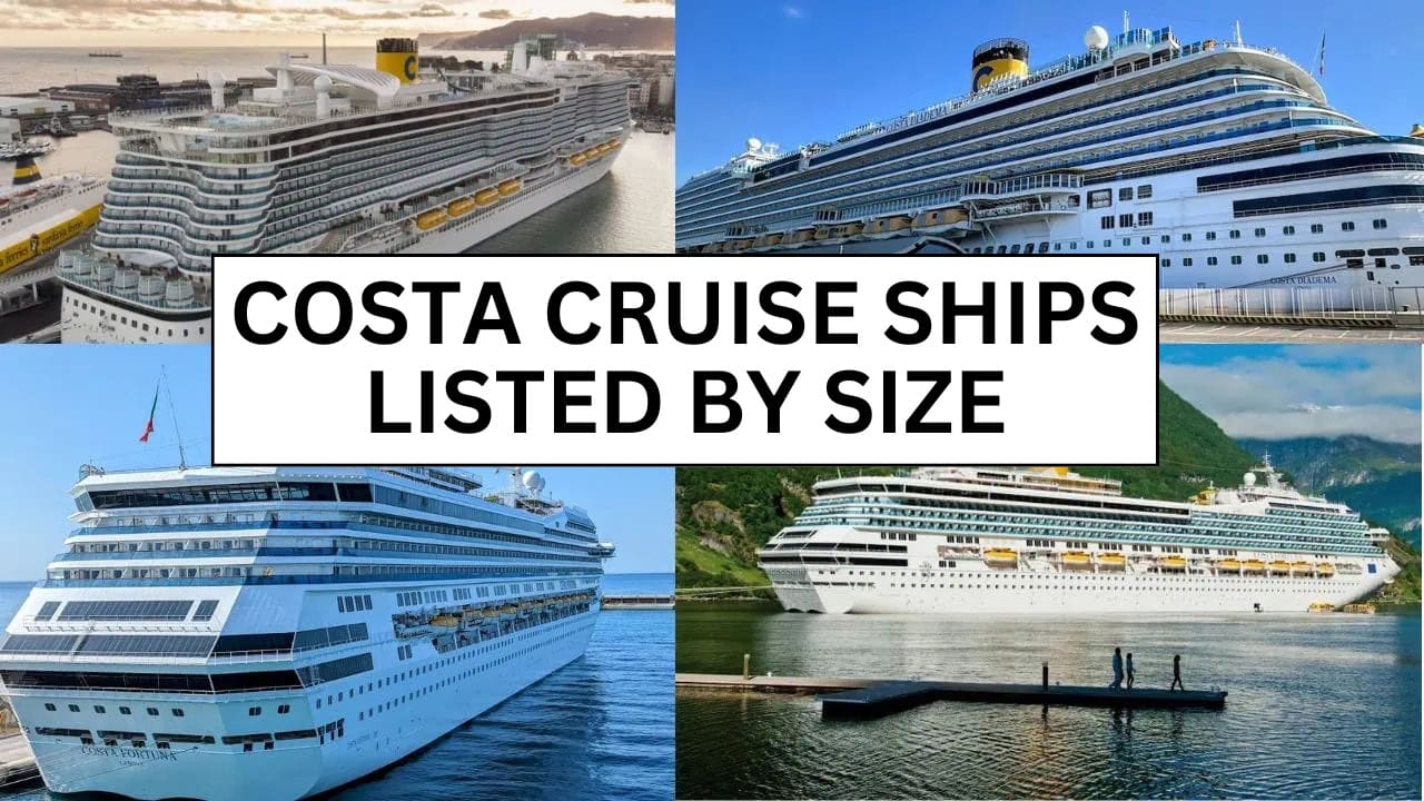 Collage of four Costa cruise ships docked in different ports with varying sea and sky backgrounds. The central text reads, "Costa Cruise Ships Listed from Smallest to Largest," offering an enticing glimpse into the majestic world of ocean travel.