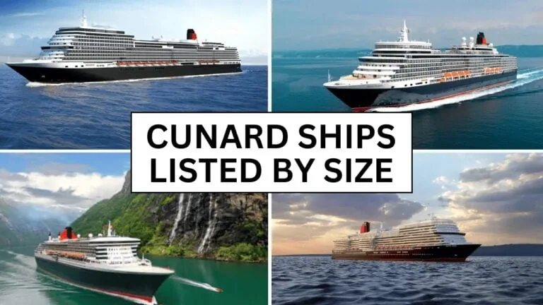 Four images of Cunard cruise ships are shown, each sailing in different scenic settings. A central text box reads "Cunard Ships Listed by Size: From Smallest to Largest," drawing comparisons with the elegance often seen in Viking Cruise Ships.