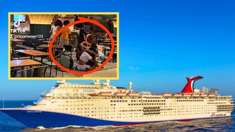 Image of a Carnival Cruise Ship sailing on the ocean. Inserted on the upper left is a video inside a TikTok interface showing a group of individuals, with one circled in red, sitting or standing around a table in a public place.