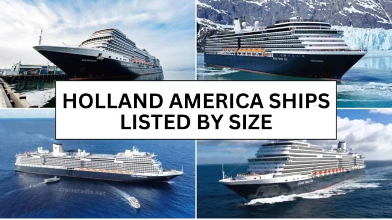 Collage of four large cruise ships from Holland America Line in various scenic locations, labeled in the center as "Holland America Ships Listed by Size: Smallest to Largest.
