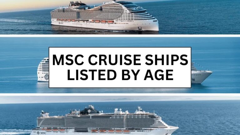 The image showcases three different MSC cruise ships gliding across a tranquil sea under a clear sky. A central text box states, "MSC Cruise Ships Listed by Age and Sizes," inviting viewers to explore these majestic vessels, from the oldest to the newest.