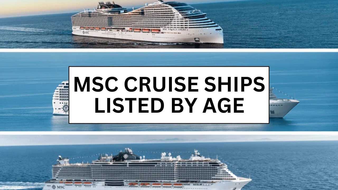 The image showcases three different MSC cruise ships gliding across a tranquil sea under a clear sky. A central text box states, "MSC Cruise Ships Listed by Age and Sizes," inviting viewers to explore these majestic vessels, from the oldest to the newest.