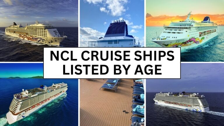 A collage of five NCL cruise ships with a label in the center reading "NCL Cruise Ships Listed by Age and Size". The images depict various ships at sea, showcasing their majestic size, alongside a view of a ship's deck with lounge chairs.