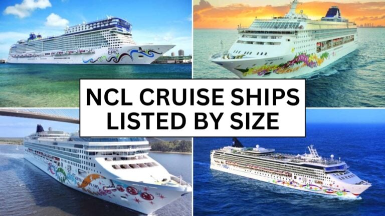 Four cruise ships are shown in separate images, each painted with colorful designs. The text in the center reads, "NCL Cruise Ships Listed by Size." Displaying their grandeur from smallest to largest, the ocean is visible in the background of each ship.