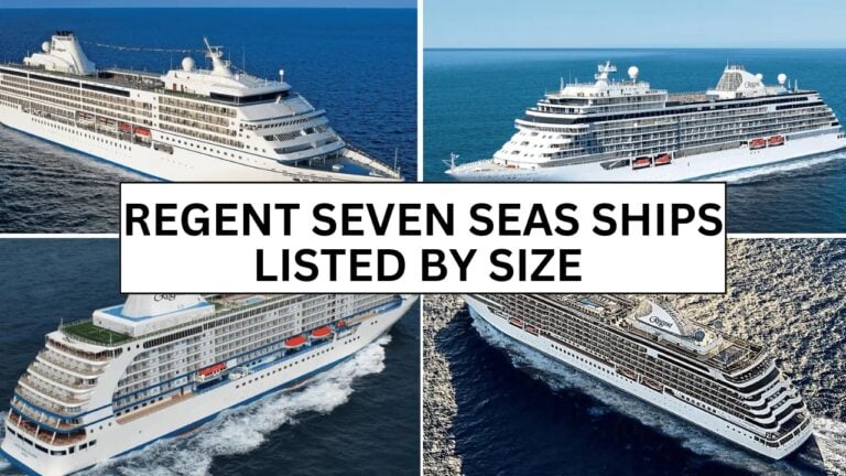 Collage of four cruise ships on the ocean. Text in the center reads, "Regent Seven Seas Ships Listed from Smallest to Largest." Each ship is seen from an overhead angle.