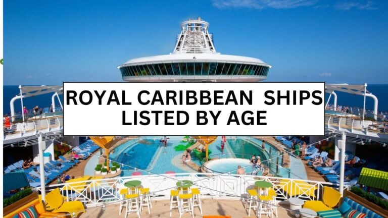 A cruise ship deck with a pool surrounded by colorful lounge chairs. A large sign in the foreground reads, "Royal Caribbean Ships Listed from Smallest to Largest." The ship's observation tower is visible against a clear blue sky.