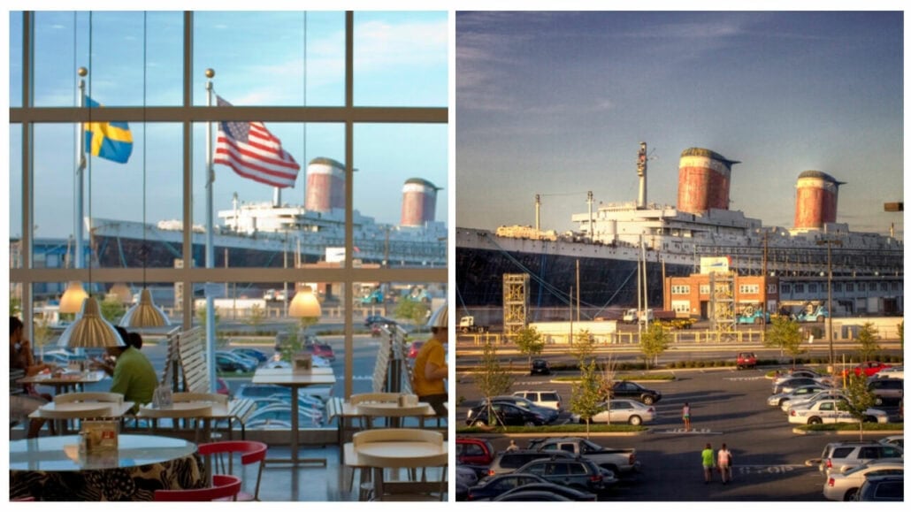 Split image: Left side shows a dining area with large windows displaying a Swedish and an American flag. Right side shows the historic ocean liner SS United States docked at its Philadelphia berth, viewed from a nearby parking lot.