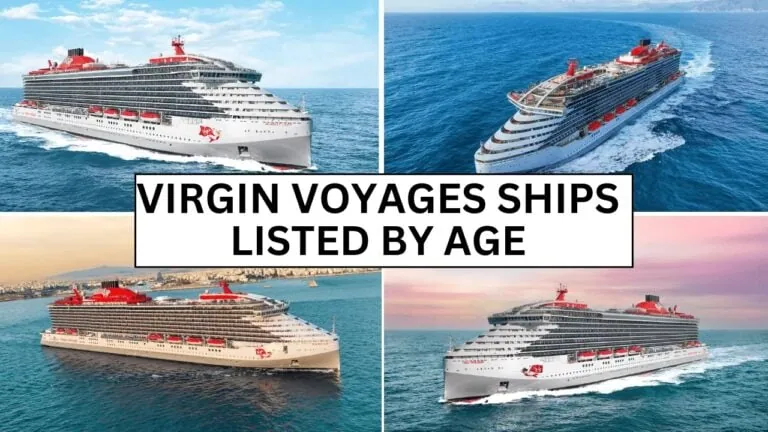 Four cruise ships from Virgin Voyages are displayed in a collage, with the text "Virgin Voyages Ships Listed by Age" prominently featured. Each ship sails on the ocean, showcasing varied angles and backgrounds as they progress in size from smallest to largest.