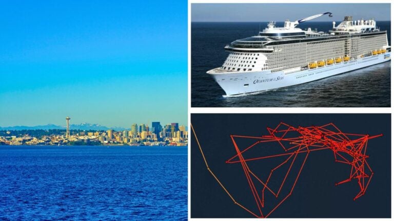 The image consists of three sections: the left section shows a city skyline with mountains in the background and water in the foreground. The top right section displays a large cruise ship experiencing docking delays. The bottom right section features a red line diagram on a dark background.