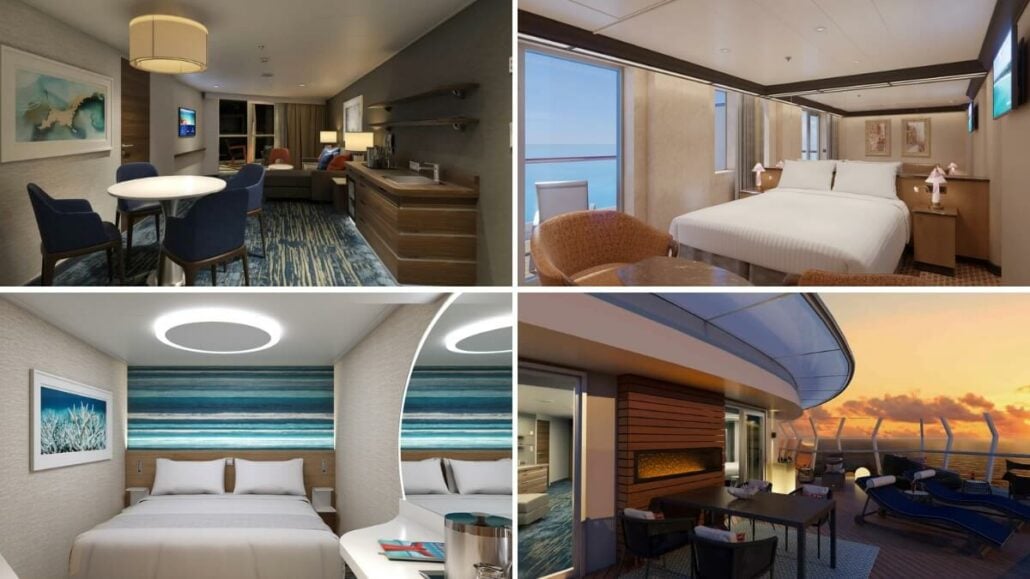 Four images showcasing various views of the carnival cruise rooms: a living area, a bedroom, another room styled with twin beds, and an exterior balcony overlooking the ocean.