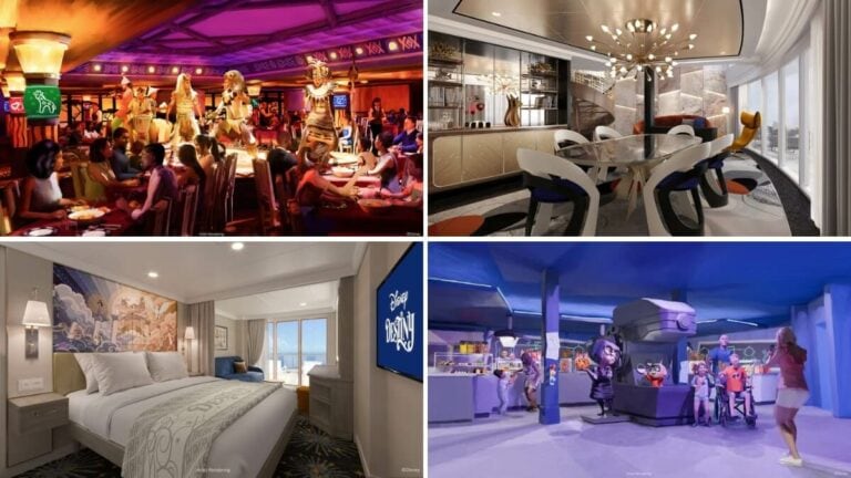 A collage with four images of the Disney Destiny cruise ship features a themed dining room, a modern dining area, a cozy bedroom with balcony, and a children's play area with animated characters from The Incredibles and a staff member.