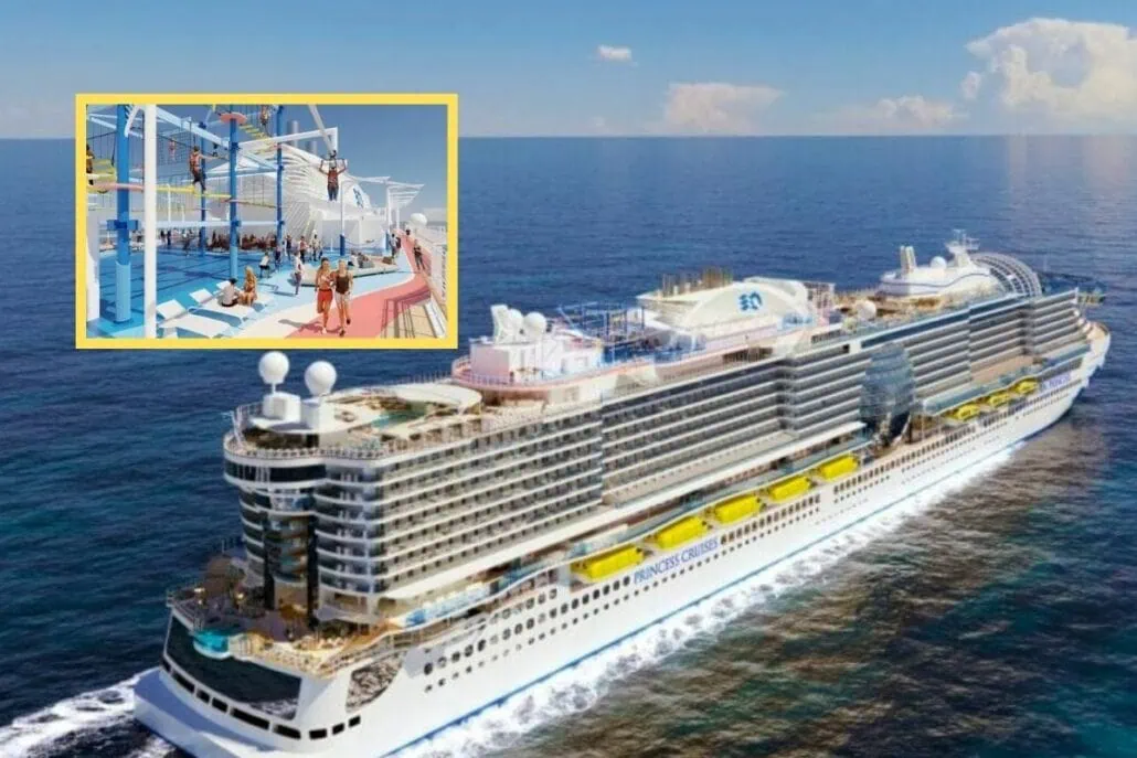 A large cruise ship from the new line sails through the ocean. An inset shows a close-up of an outdoor recreational area on the top deck, featuring a ropes course with people participating.