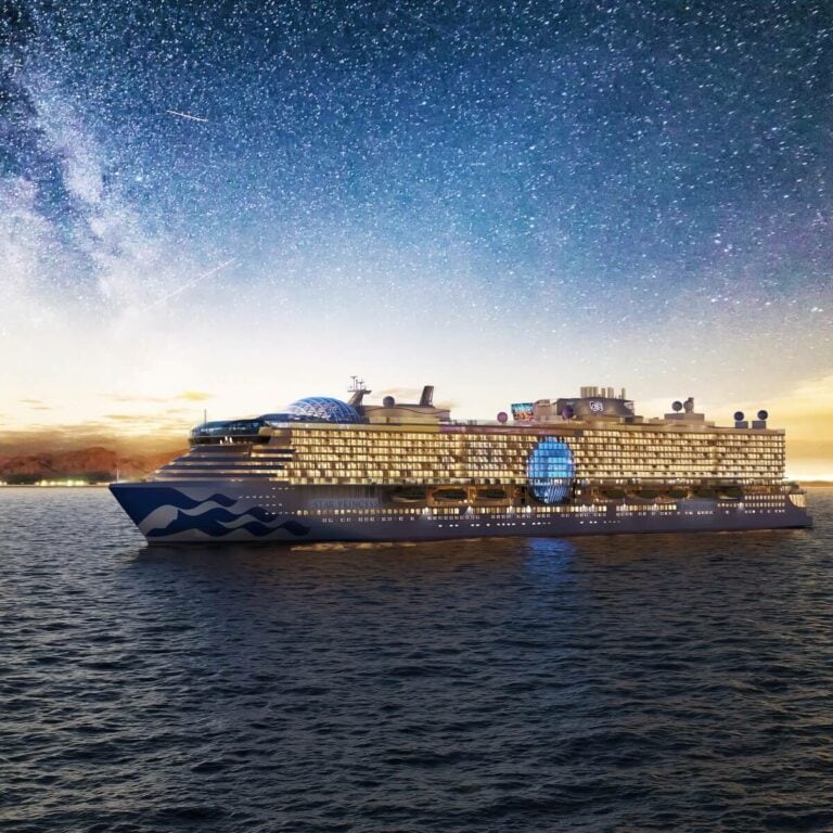 The Star Princess sails through calm waters under a clear night sky filled with stars, marking the beginning of the 2026 Cruise Season to Alaska.