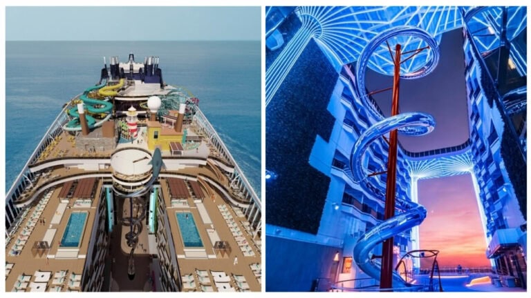 A cruise ship with various amenities and pools on the left, and a tall, elaborate water slide inside a modern building on the right, offering an experience as exciting as any outdoor park. This could easily be MSC World America's next adventure.