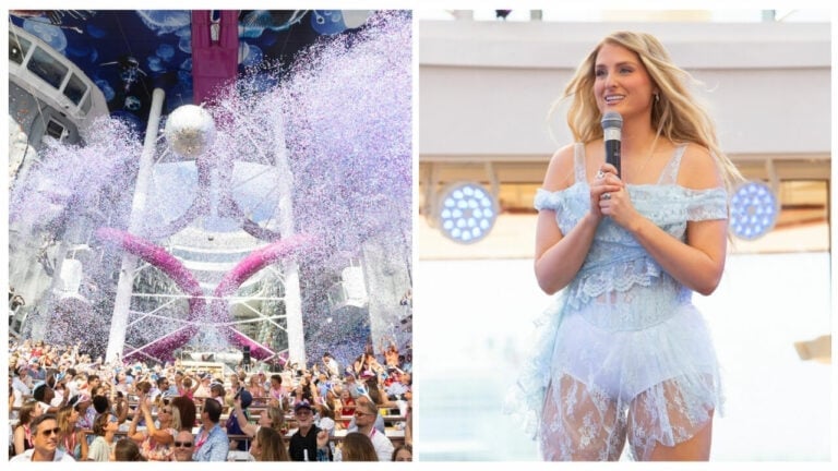 A crowd enjoys a foam party aboard the Utopia of the Seas, and a woman wearing a light blue lace outfit speaks into a microphone on stage.