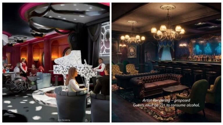 A split image of artist renderings: on the left, people enjoy a modern luxury lounge with a piano; on the right, a bar area themed around Disney Villains with chandeliers and vintage decor, labeled for guests 21+ to consume alcohol.