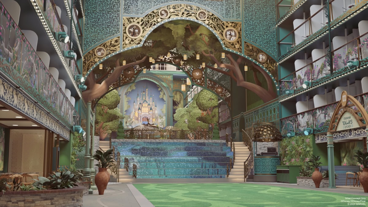 An ornate indoor space, reminiscent of an Imagination Garden, features a grand stage with a castle backdrop, surrounded by greenery and intricate metalwork. Multiple floors with balconies overlook the scene. Potted plants and seating occupy the area, evoking the magic of Disney throughout.