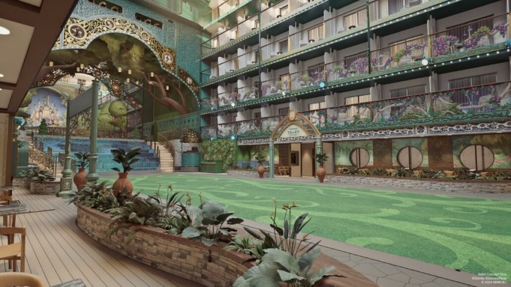 An intricately designed hotel atrium with balconies, lush plants, and ornate ironwork, featuring a green carpeted area reminiscent of an Imagination Garden, a mural, and decorative seating arrangements.