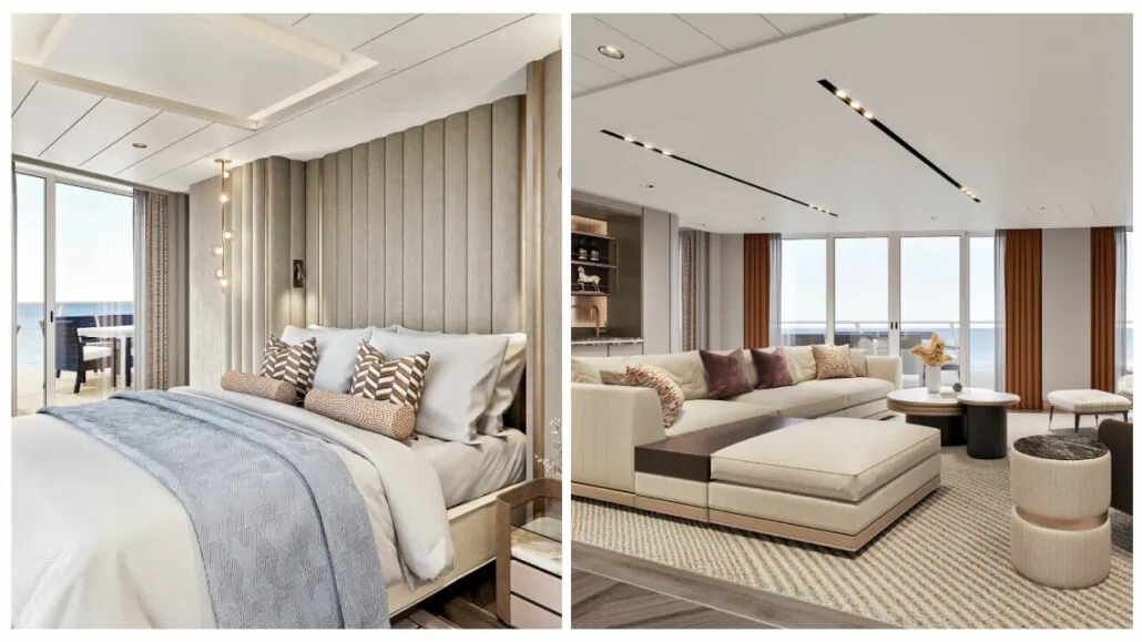 A modern bedroom with a large bed, pillows, and a blue blanket next to a living room featuring a beige sectional sofa, coffee tables, and balcony access. Both rooms benefit from ample natural light through large windows—enhancements that provide an atmosphere of luxury akin to the Norwegian Encore.