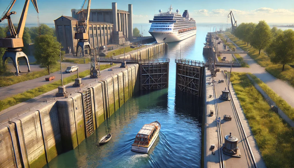 A large cruise ship approaches Amsterdam's Ijmuiden Locks, where a smaller boat is already passing through. The scene includes industrial buildings, cranes, and greenery on a sunny day.