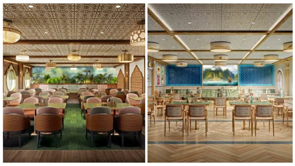 Two images showing dining areas in a restaurant. The left side features a tropical theme with green carpet and wooden chairs, reminiscent of an Imagination Garden, while the right side has a blue and beige nautical decor with wooden flooring, evoking the charm of a Disney Cruise Ship.
