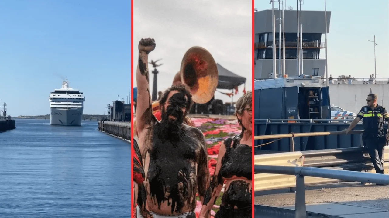 A split image: left shows a ferry in a canal, center depicts an activist covered in black paint raising his fist, right features a police officer near a dock possibly trying to block cruise traffic.