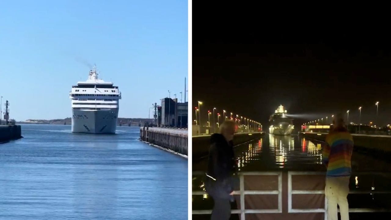 Two images show a large cruise ship: one approaching the port of Amsterdam during daylight and another navigating a canal at night as two activists watch.