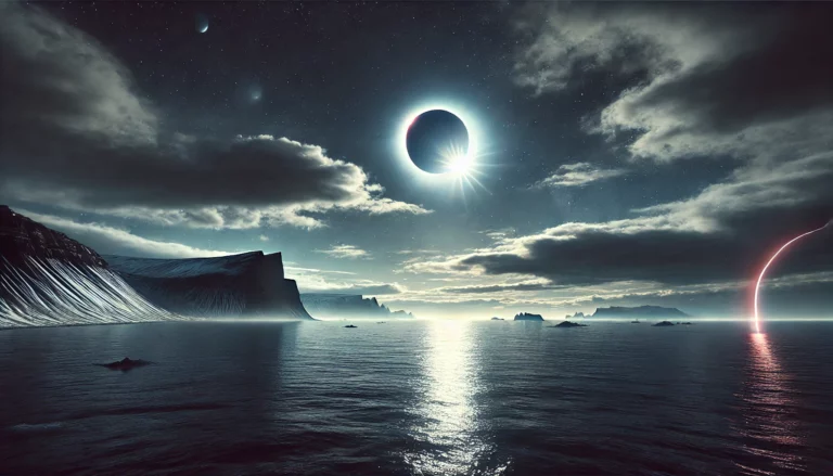 A solar eclipse over a serene, icy ocean landscape with distant mountains and planets visible in the sky. The scene, perfect for Solar Eclipse Cruises, unfolds under a starry, partly cloudy night sky.