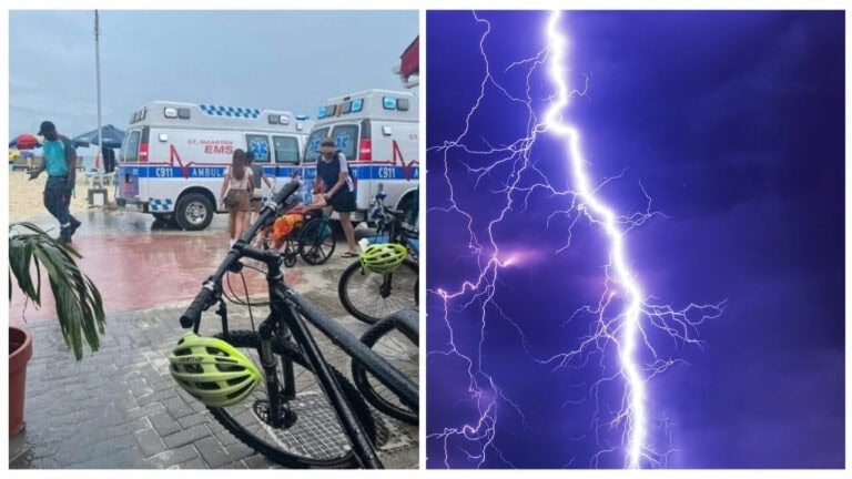 On the left, cruise passengers stroll near ambulances parked by a beach on a rainy St. Maarten day. On the right, a bright lightning bolt strikes against a dark purple sky.