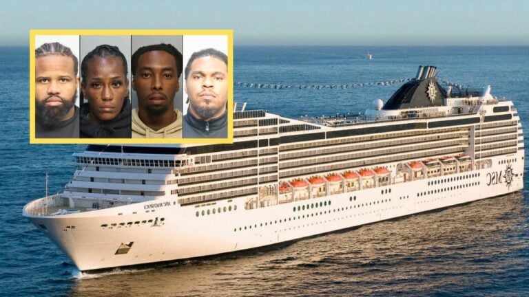 Image of a large cruise ship on the ocean with a superimposed inset showing booking photos of four cruise passengers arrested for credit card fraud in Miami.