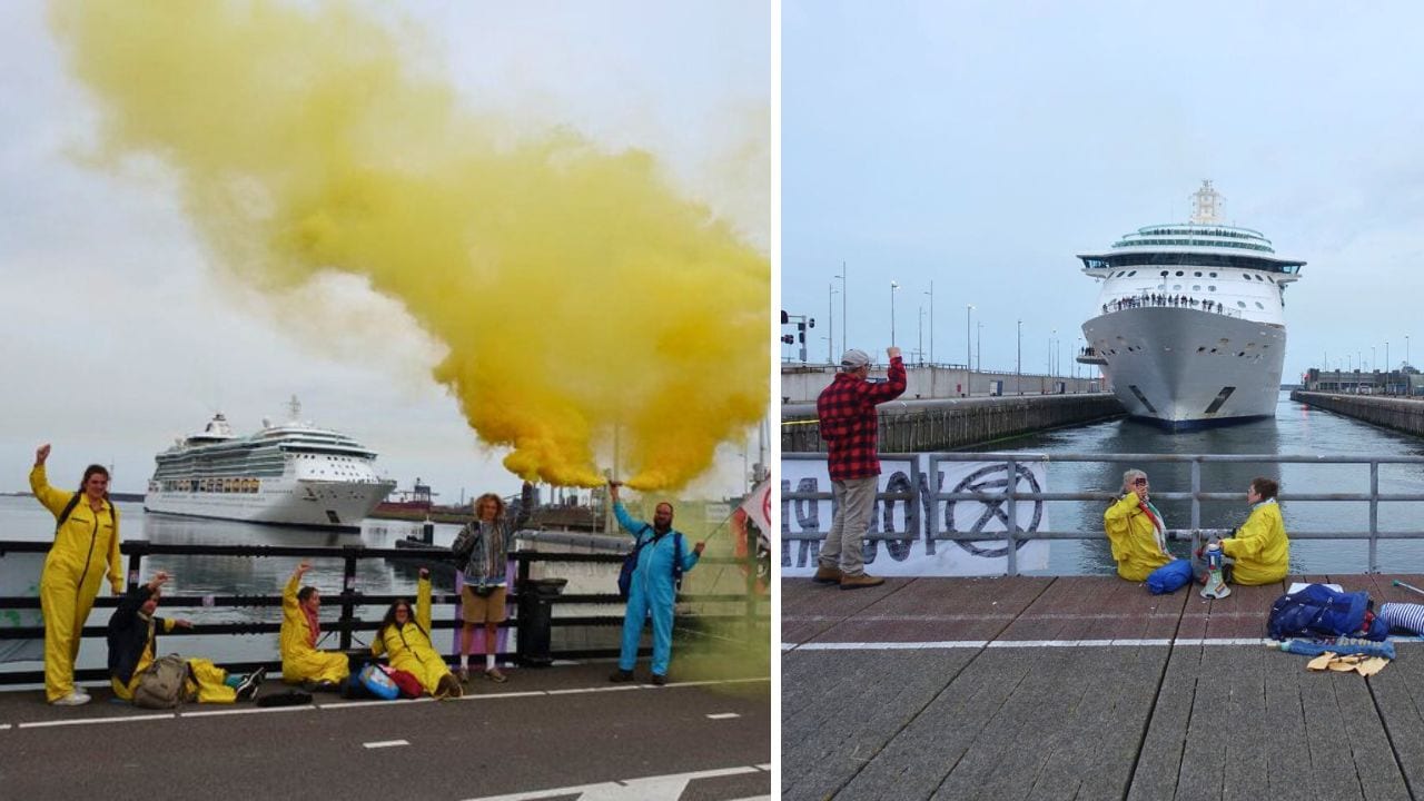 Two images showcase protestors in yellow rain suits waving and holding yellow smoke flares as a cruise ship passes by dockside in Amsterdam.