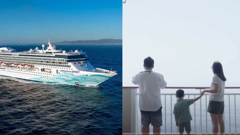 A large cruise ship sails in the ocean (left). A man, a child, and a woman, all passengers, stand on a deck overlooking the sea (right).