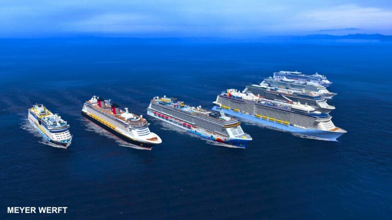 Aerial view of seven large cruise ships sailing in the ocean in a parallel formation, built by Meyer Werft Shipyard. The image includes the text "MEYER WERFT" at the bottom left corner.