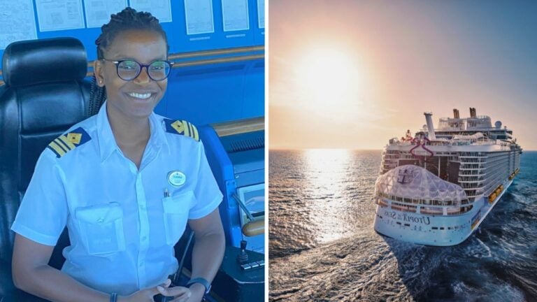 Split image showing a smiling Bahamian female officer in the control room on the left, and the world's second-largest cruise ship sailing at sunset on the right.