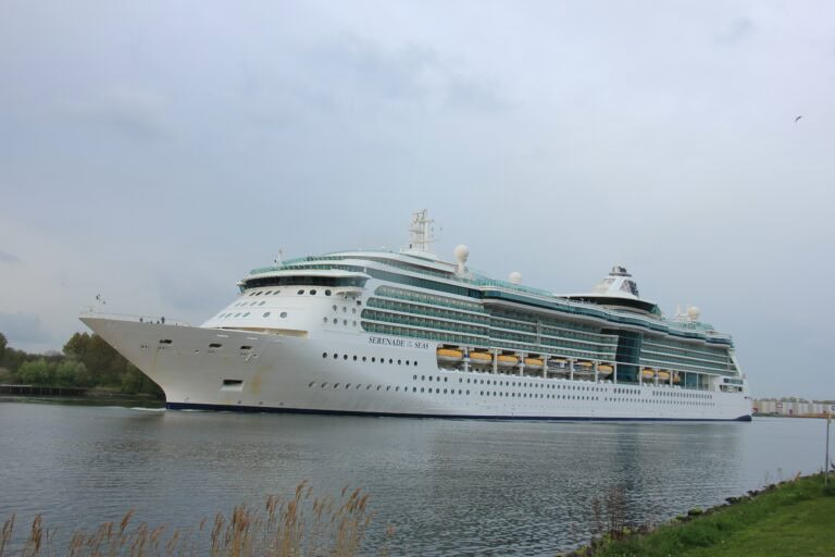 A large white cruise ship, named "Serenade of the Seas," is sailing on a calm body of water with a cloudy sky in the background as it makes its way toward Amsterdam.