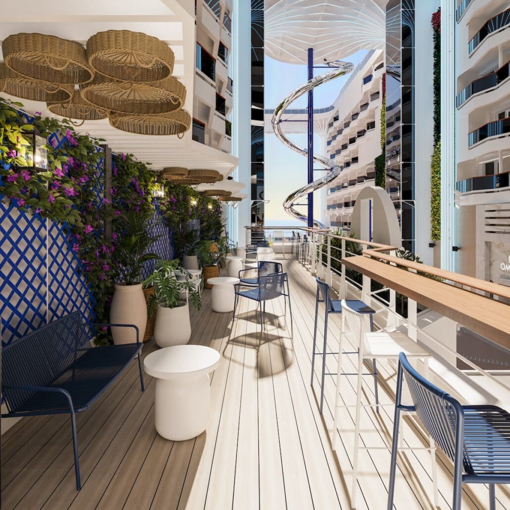 Outdoor seating area with modern furniture, greenery, and decorative elements at Eataly at Sea. The area features woven baskets on the ceiling, potted plants, blue chairs, white tables, and bar stools. A large spiral slide is visible in the background adjacent to multi-story buildings on MSC World America.