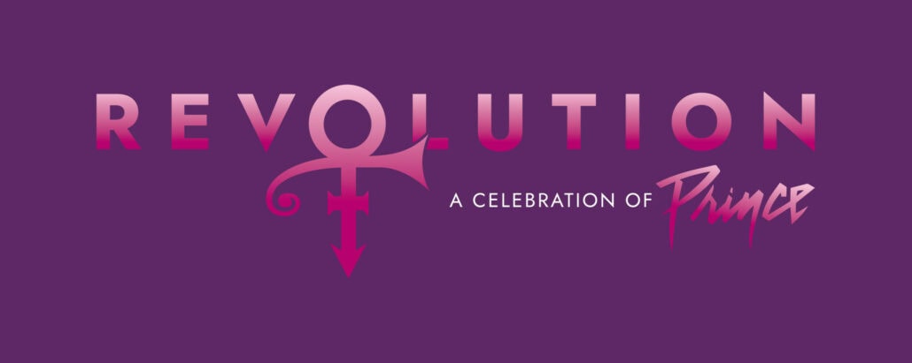 Purple background with stylized text: "REVOLUTION" featuring a symbol and "A Celebration of Prince's Music" alongside it, reminiscent of Norwegian Aqua.